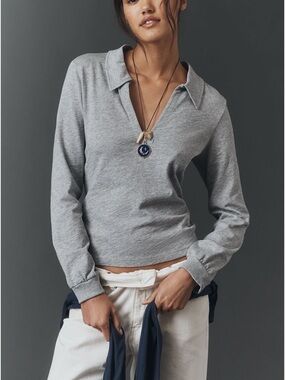 NWT Sold Out Nation LA Kimberly Long-Sleeve Polo Tee in Heather Gray